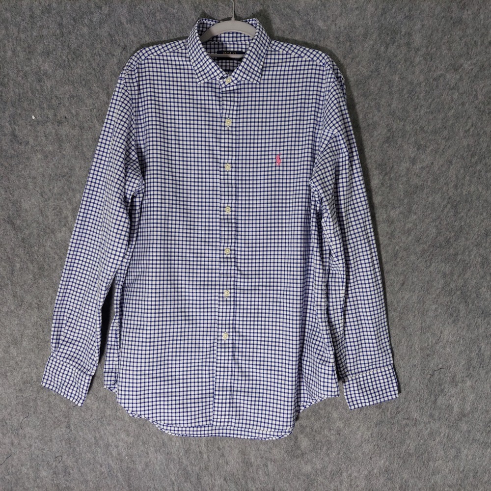 Polo Ralph Lauren Men Gingham Button Shirt L Blue Long Sleeve Preppy Pony Logo